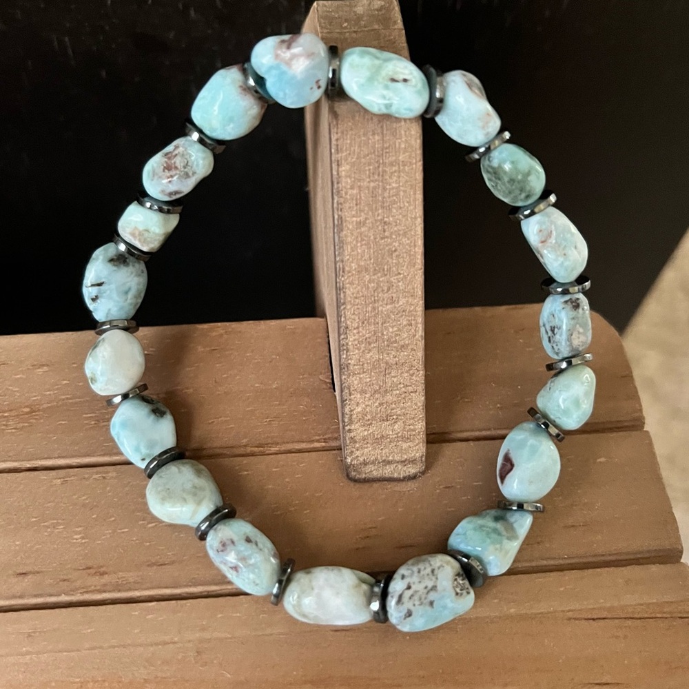 Larimar Genuine Natural Stone Crystal Stretch Beaded Bracelet #6